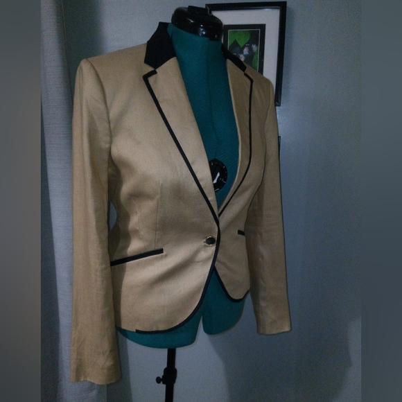 Mango Tan & Black One Button Linen Hourglass Blazer Sz 8 - Picture 4 of 11